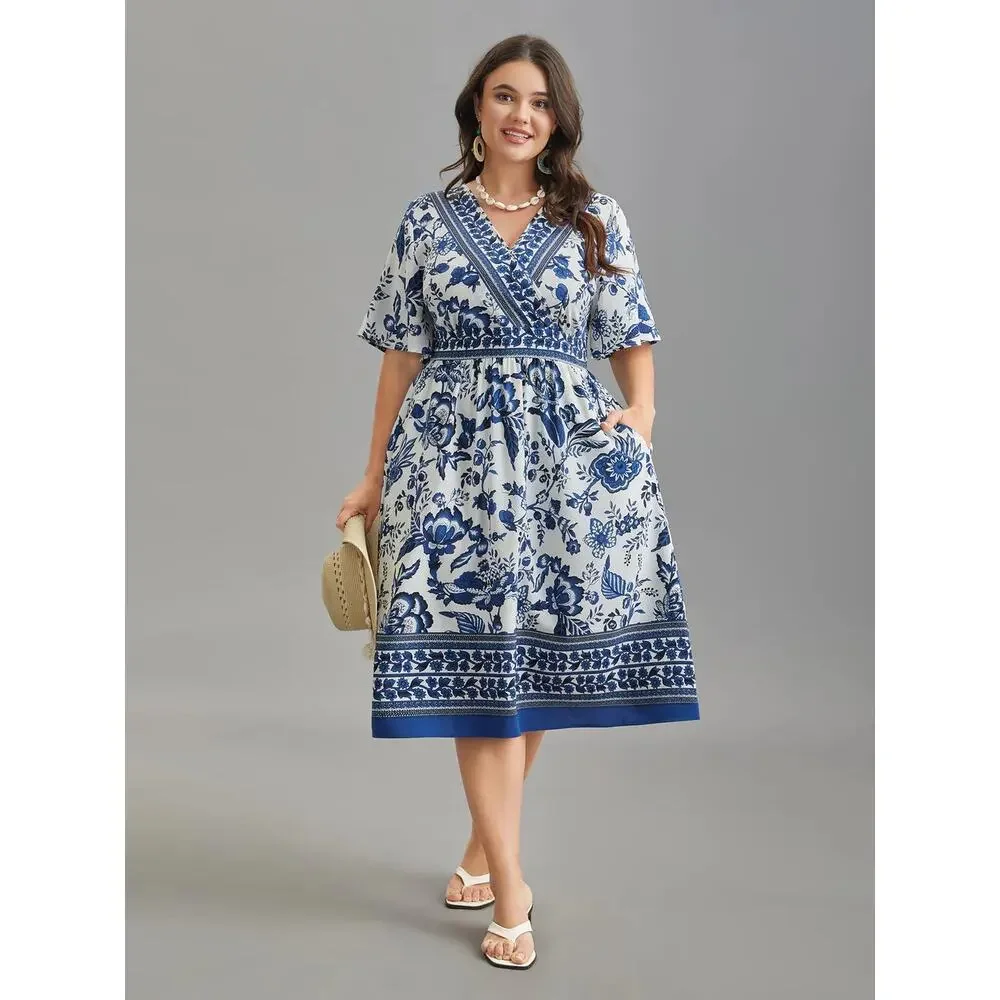Bloomchic Blue Floral BOHO Midi Dress Pockets Short Sleeve Plus Size 2X 18-20